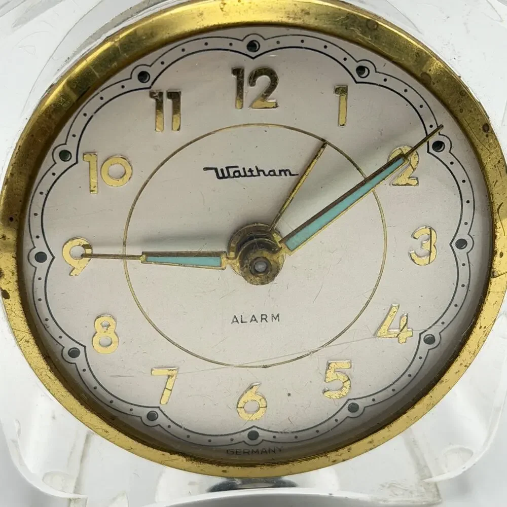 Waltham Alarm Clock Mechanical Clear Lucite Case Brass Germany Parts Display